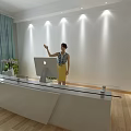 Modern Reception Desk With Female Receptionist Glass Countertop Apple Computer Green Plant Wooden Floor