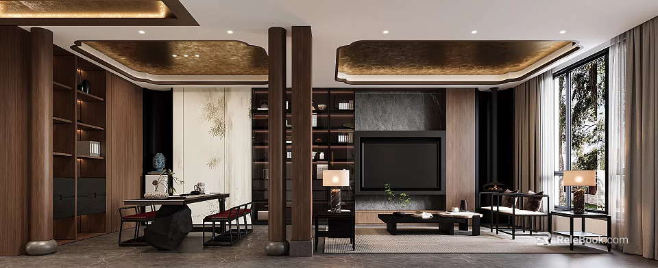 Traditional Chinese Dining and Living Room Interior Featuring Wooden Bookshelves TV Wall and Coffee Table 3d model 