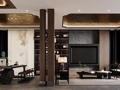 Traditional Chinese Dining and Living Room Interior Featuring Wooden Bookshelves TV Wall and Coffee Table 3d model