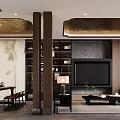 Traditional Chinese Dining and Living Room Interior Featuring Wooden Bookshelves TV Wall and Coffee Table
