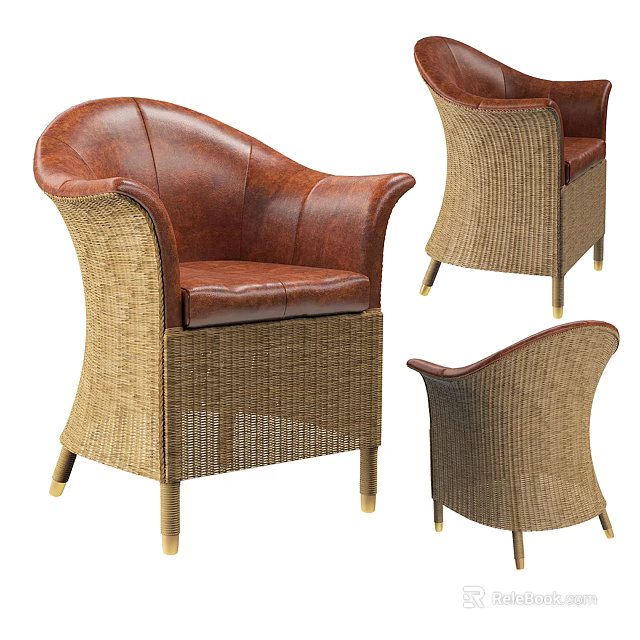 Elegant Rattan Armchair With Brown Leather Cushion And Golden Metal Legs 3d model 