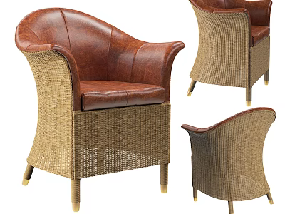 Elegant Rattan Armchair With Brown Leather Cushion And Golden Metal Legs 3d model