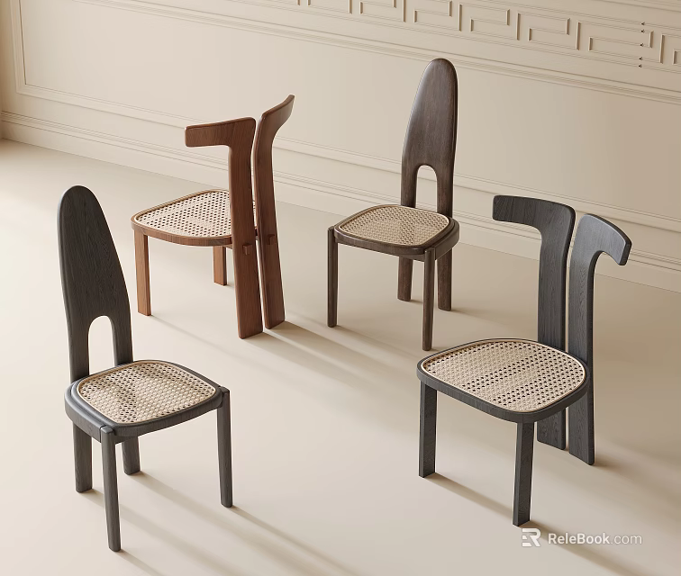 Modern Dining Chairs With Rattan Seats In Black And Brown Tones For Minimalist Interior 3d model 