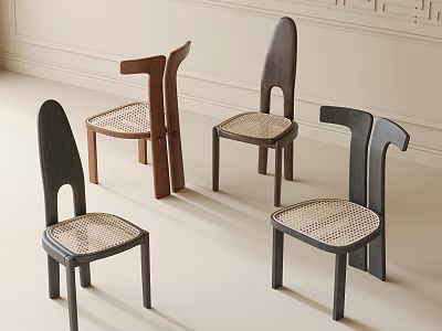 Modern Dining Chairs With Rattan Seats In Black And Brown Tones For Minimalist Interior 3d model
