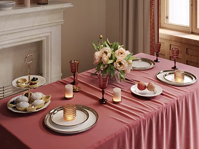 Stylish Dining Table Setting With Pink Tablecloth Fresh Flowers Candles And Desserts 3d model