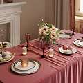 Stylish Dining Table Setting With Pink Tablecloth Fresh Flowers Candles And Desserts
