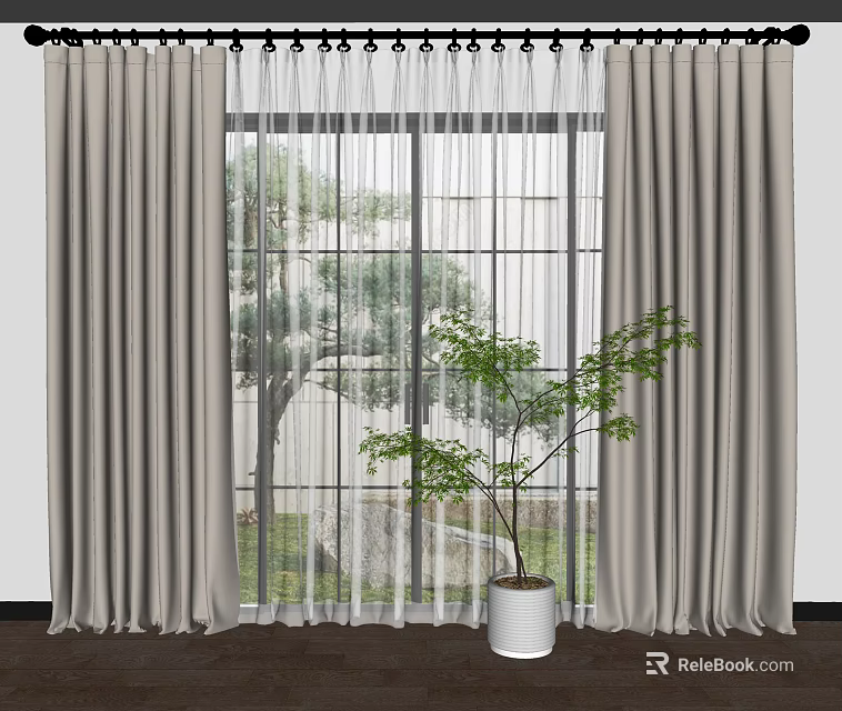 Gray Thick Curtains With Sheer Panel For Window Viewing Green Trees And Potted Plant 3d model 