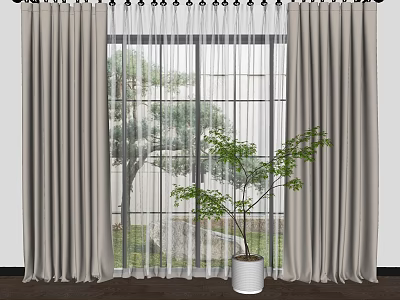 Gray Thick Curtains With Sheer Panel For Window Viewing Green Trees And Potted Plant 3d model