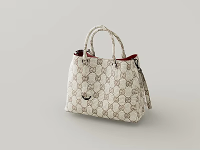 Ivory Patterned Handbag With Top Handles Red Interior Lining And Zipper Detail 3d model