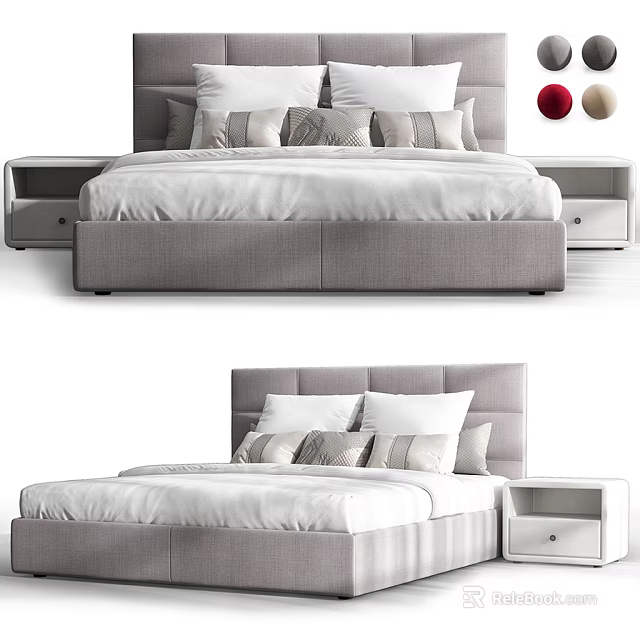 Modern Gray Upholstered Double Bed With White Sheets Pillows And Nightstands 3d model