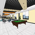Hotel Public Lounge With Billiard Table Sofas Plants And Decorative Paintings
