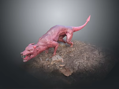 Pink Dinosaur Like Creature With Sharp Teeth Ferocious Posture Standing On Rock In Gray Background 3d model