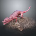 Pink Dinosaur Like Creature With Sharp Teeth Ferocious Posture Standing On Rock In Gray Background