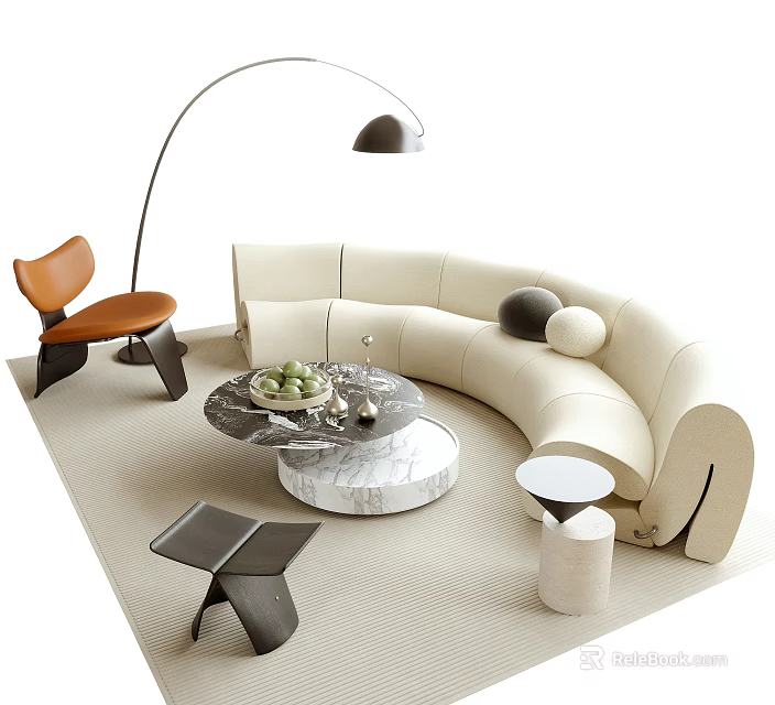 Modern Curved Beige Sofa Coffee Table Set With Marble Top And Brown Accent Chair 3d model 