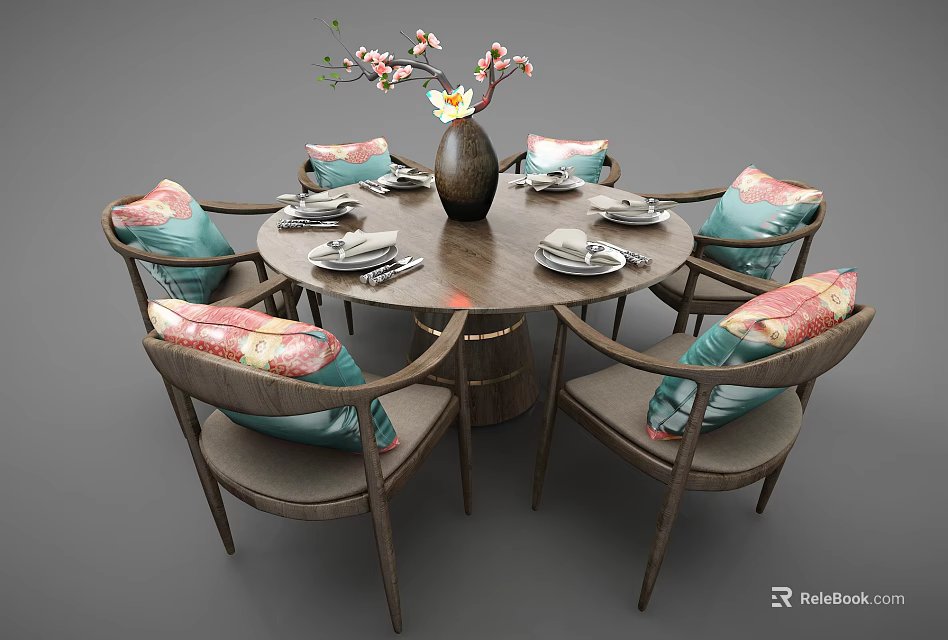 Wooden Round Dining Table Set With Six Chairs Colorful Cushions Vase Flower Arrangement And Tableware 3d model 