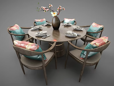 Wooden Round Dining Table Set With Six Chairs Colorful Cushions Vase Flower Arrangement And Tableware 3d model