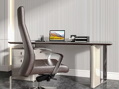 Modern Minimalist Desk With Brown Office Chair Laptop Table Lamp And Striped Wall 3d model