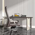 Modern Minimalist Desk With Brown Office Chair Laptop Table Lamp And Striped Wall