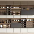 Modern Wall Mounted Storage Shelves With Wooden Gray Design Holding Cups Jars And Wine Glasses