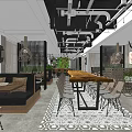 Modern Restaurant Interior With Gray Wall Shrimp Artwork Wooden Reception Counter Staircase And Metal Railing