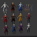 Anime Style Character Costume Designs With Colorful Robes And Decorative Ribbons