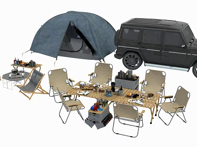 Outdoor Table with Folding Chairs Blue Tent and Black Off Road Vehicle for Camping Setup 3d model