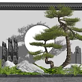 Traditional Chinese Landscape Wall With Circular Window Pine Tree And Ornamental Stones