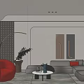Modern Living Room Interior With Light Gray L Shaped Sofa Orange Armchair And Wall Art