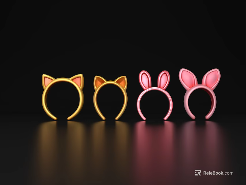 Cute Decorative Headbands For Daily Use With Golden Cat Ear And Pink Rabbit Ear Designs 3d model 