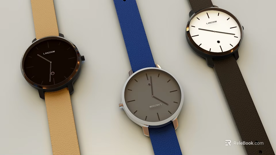 Minimalist Design Watches With Brown Blue And Black Leather Straps 3d model 