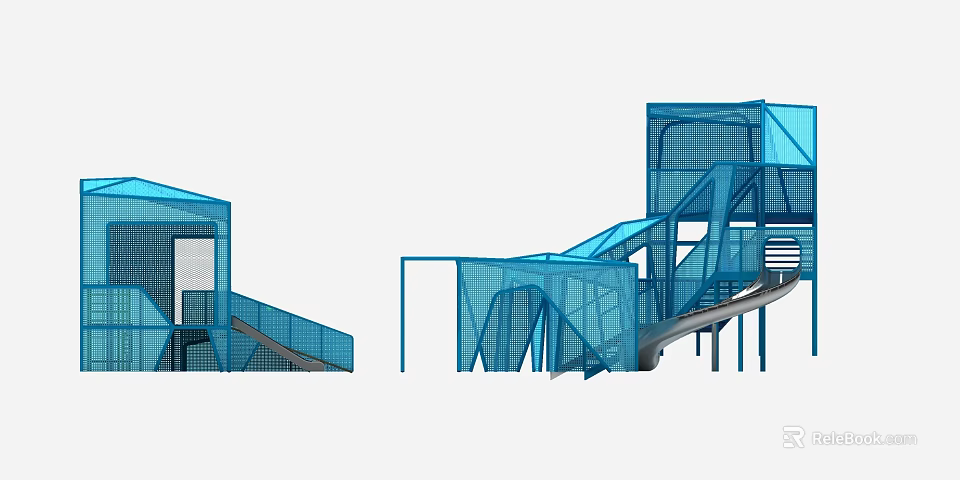 Outdoor Blue Playground Equipment With Net Structure Slides And Climbing Elements 3d model