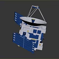 Orbital Satellite Structure with Blue Solar Panels and White Communication Antenna