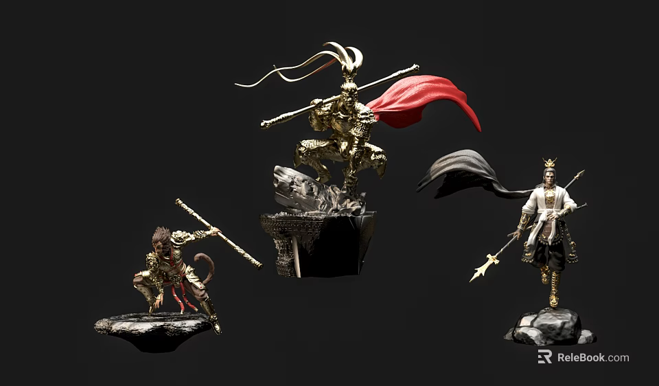 Detailed Classical Chinese Warrior Sculptures with Golden Accents Red Cape and Traditional Weapon Design 3d model 