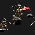 Detailed Classical Chinese Warrior Sculptures with Golden Accents Red Cape and Traditional Weapon Design