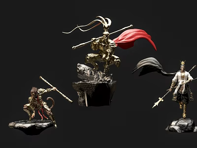 Detailed Classical Chinese Warrior Sculptures with Golden Accents Red Cape and Traditional Weapon Design 3d model