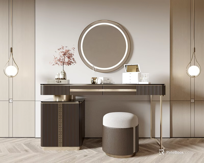 Elegant Modern Vanity Table With Round Mirror Stool Vase And Hanging Lights 3d model 