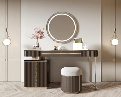 Elegant Modern Vanity Table With Round Mirror Stool Vase And Hanging Lights 3d model