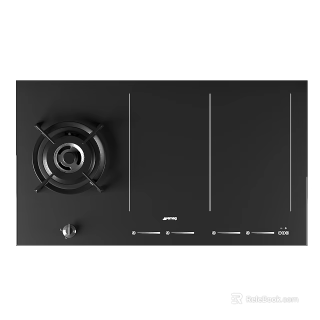 Black Kitchen Hob With Gas Burner Induction Zones And Control Knobs 3d model 