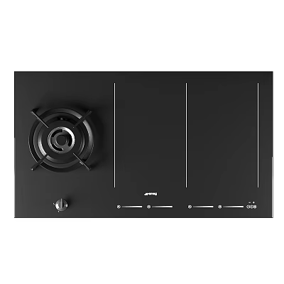 Black Kitchen Hob With Gas Burner Induction Zones And Control Knobs 3d model