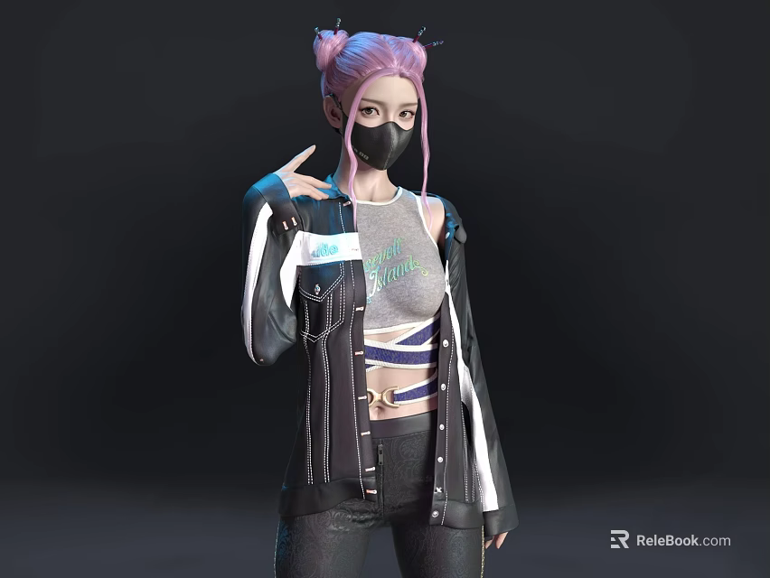 Stylish Woman With Pink Pigtails Black Mask Gray Tank Top And Striped Jacket 3d model 