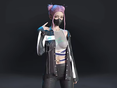 Stylish Woman With Pink Pigtails Black Mask Gray Tank Top And Striped Jacket 3d model