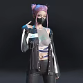 Stylish Woman With Pink Pigtails Black Mask Gray Tank Top And Striped Jacket