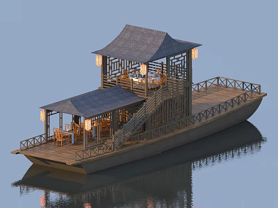 Chinese Style Two Story Houseboat With Pavilion Lanterns And Wooden Deck On Water 3d model