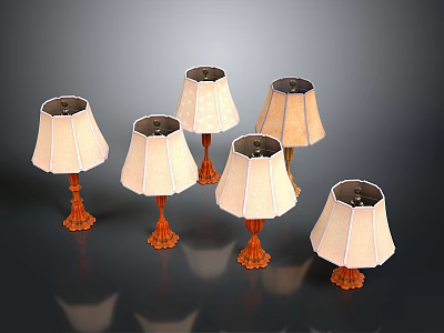 Elegant Set Of Six Vintage Decorative Lamps With White Shades And Orange Bases 3d model