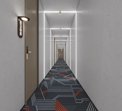 Modern Hotel Corridor With Geometric Pattern Carpet And LED Strip Lighting 3d model
