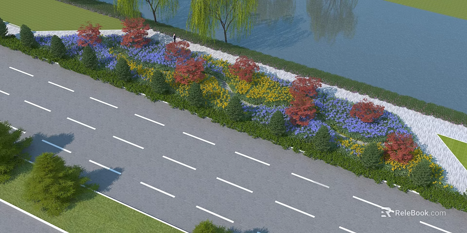 Garden Landscape Along Road With Colorful Flowers Trees And Water Features 3d model 