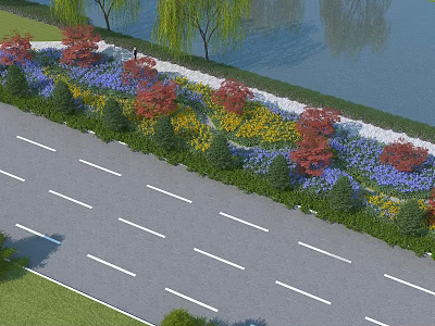 Garden Landscape Along Road With Colorful Flowers Trees And Water Features 3d model
