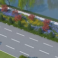 Garden Landscape Along Road With Colorful Flowers Trees And Water Features