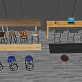 Wooden And Black Bar Counters With Blue Brown Stools Laptop Tables And Chairs