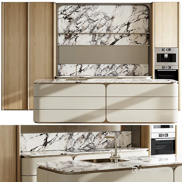 Modern Kitchen Interior With Marble Countertop Cabinets Drawers And Appliances 3d model 